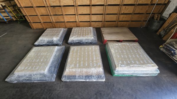Multiple wrapped export pallets staged for shipment at Seng Huat Metalplex